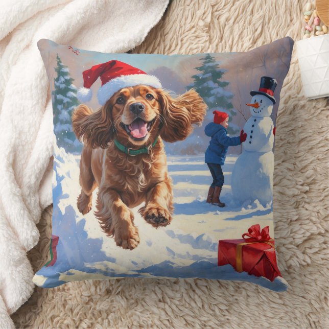 Cocker Spaniel loopt in de sneeuw met kerst Pet Kussen (Deken)