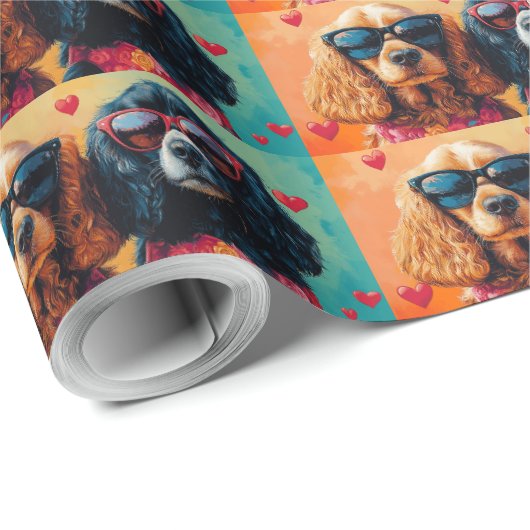 Cocker Spaniel met hart Rozen Valentijnsdag Cadeaupapier (Rol Hoek)