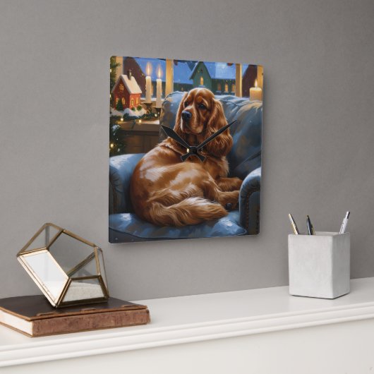 Cocker Spaniel met kerstverlichting Vakantie Vierkante Klok (Kantoor)