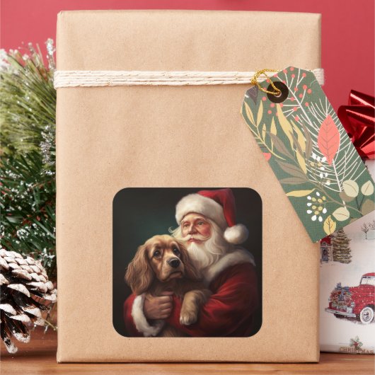 Cocker Spaniel Met Sinterklaas Feestelijke Kerstmi Vierkante Sticker (Feestdagen)