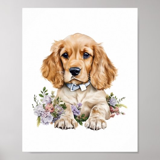 Cocker Spaniel Puppy Pet Waterverf Flower Poster (Voorkant)