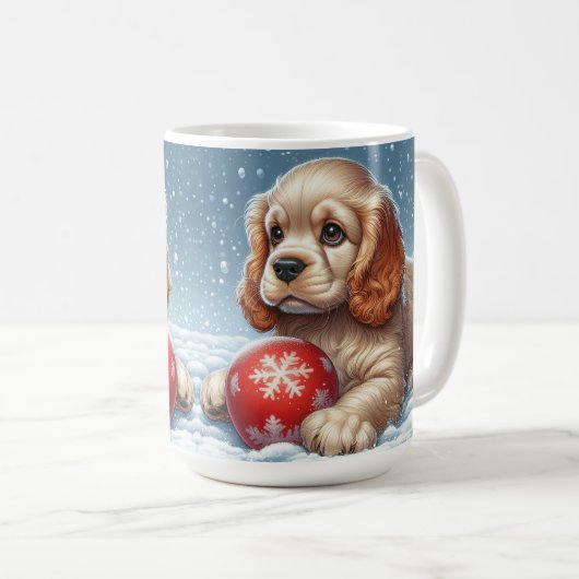 Cocker Spaniel Puppy Rust Op Sneeuw Met Een Bal Koffiemok (Voorkant rechts)