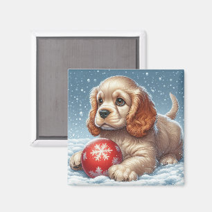 Cocker Spaniel Puppy Rust Op Sneeuw Met Een Bal Magneet