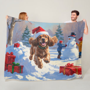 Cocker Spaniel Rent in de Sneeuw met Kerstmuts Fleece Deken