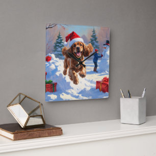 Cocker Spaniel Rent in de Sneeuw met Kerstmuts Vierkante Klok