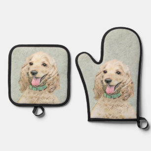 Cocker Spaniel Schilderen Buff Gold Originele Hond Ovenwant & Pannenlap Set