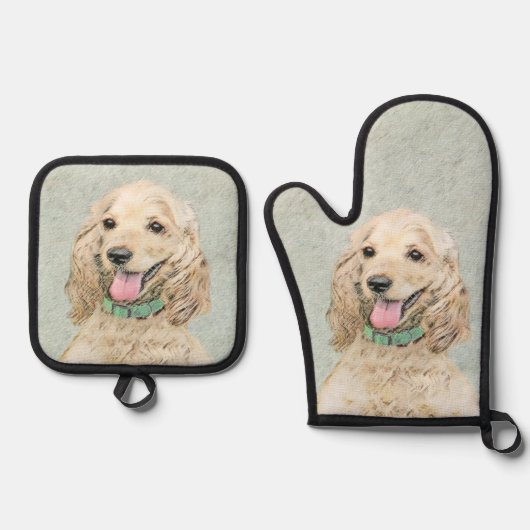Cocker Spaniel Schilderen Buff Gold Originele Hond Ovenwant & Pannenlap Set (Voorkant)