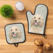 Cocker Spaniel Schilderen Buff Gold Originele Hond Ovenwant & Pannenlap Set (Top down)