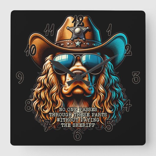 Cocker Spaniel Sheriff Clock - Grappige Cowboy Hon Vierkante Klok (Voorkant)