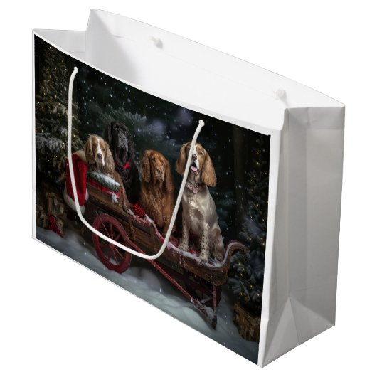 Cocker Spaniel Sneeuwslee Kerstdecoratie Groot Cadeauzakje (Voorkant Gekanteld)