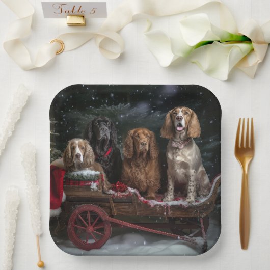 Cocker Spaniel Sneeuwslee Kerstdecoratie Papieren Bordje (Huwelijk)