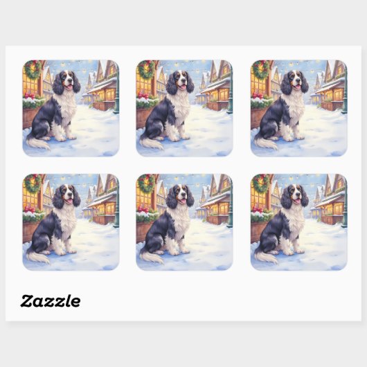 Cocker Spaniel Snowy Village Christmas Art Vierkante Sticker (Vel)