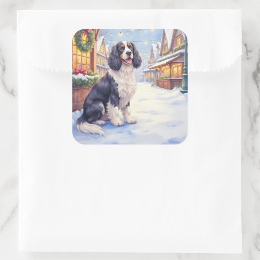 Cocker Spaniel Snowy Village Christmas Art Vierkante Sticker (Tas)
