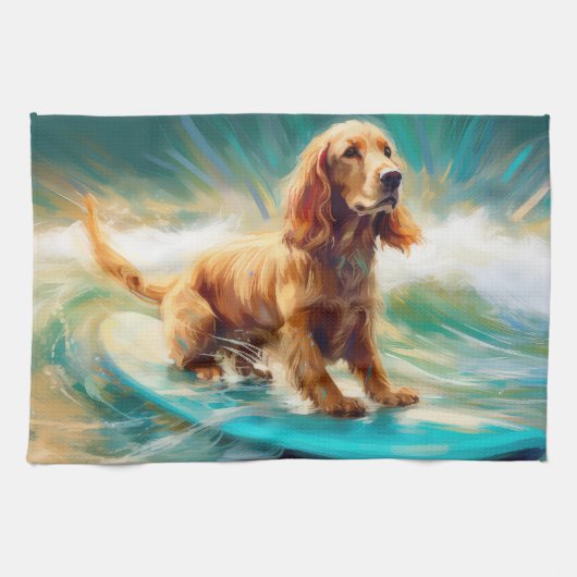 Cocker Spaniel Strand Surfen Schilderij Theedoek (Horizontaal)