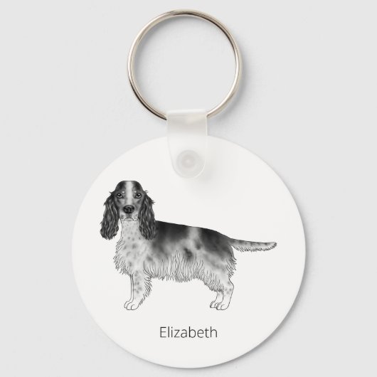 Cockerspaniel in zwart-wit- en aangepaste tekst sleutelhanger (Voorkant)