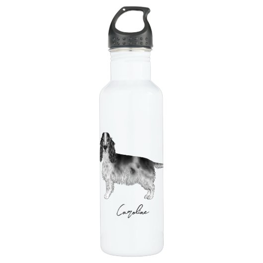 Cockerspaniel in zwart-wit- en aangepaste tekst waterfles  (Voorkant)