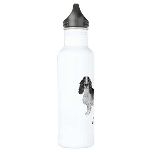 Cockerspaniel in zwart-wit- en aangepaste tekst waterfles  (Links)