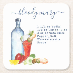 Cocktail Aquarel Recept Mengdrank Bloody Mary Vierkante Kartonnen Onderzetter