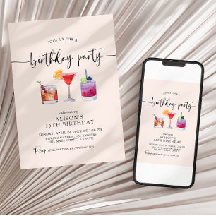 Cocktail Birthday Party Calligraphy Invitation Kaart
