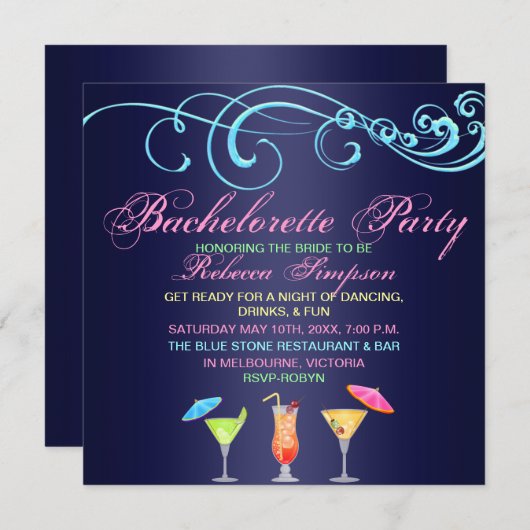 Cocktail bleu Heure Bachelorette Fête Invitation (Devant / Derrière)