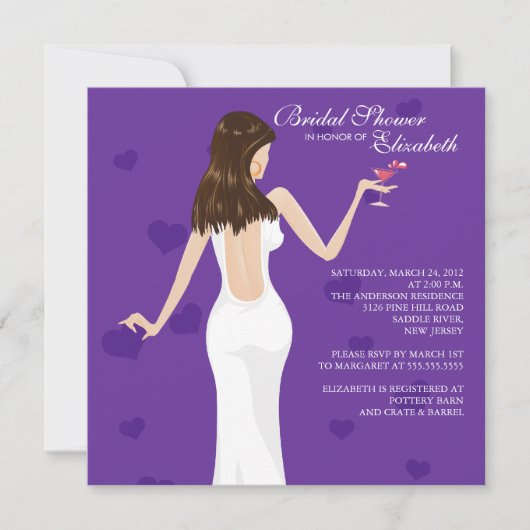 Cocktail Bride Bridal Shower Invitation Paars Kaart (Voorkant)