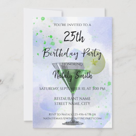 Cocktail de martini verte sur invitation blanche (Devant)