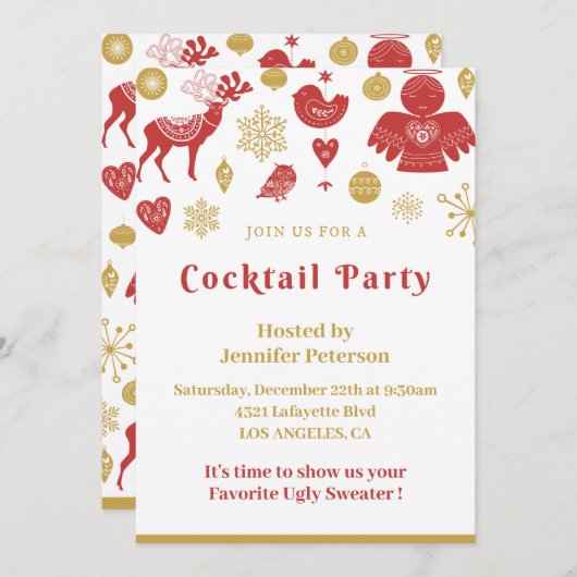 Cocktail de Noël Invitation Gold Red Nordic (Devant / Derrière)
