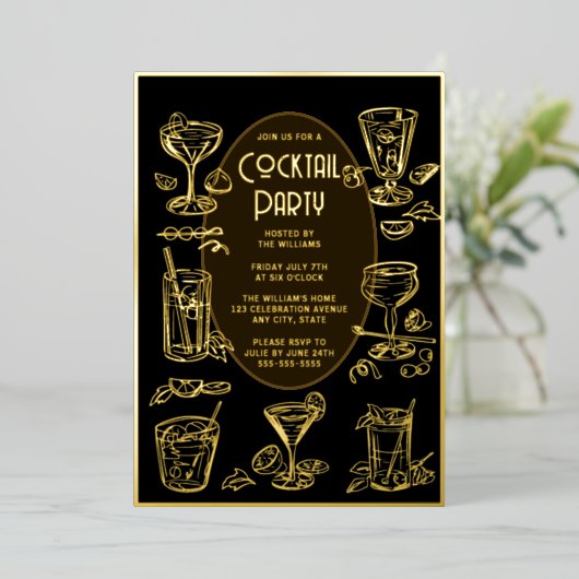 Cocktail Party Invitation Zwart Elegant Folie Uitnodiging (Staand Voorkant)