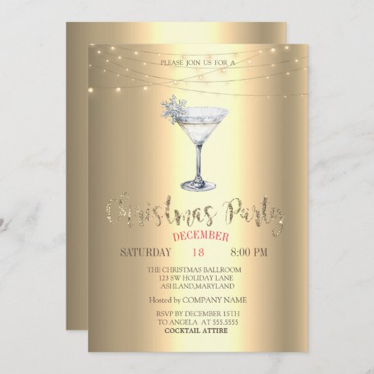 Cocktail Snowflake String Lights Gold Christmas Kaart (Voorkant / Achterkant)