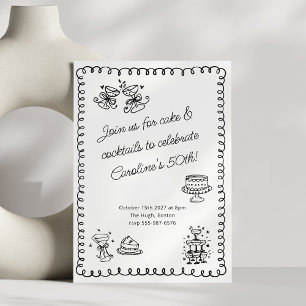 Cocktail Taarten 50e Verjaardag Zwart Wit Doodle Kaart