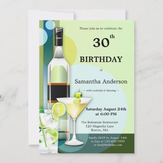Cocktail vert Turquoise moderne Invitation d'anniv (Devant)