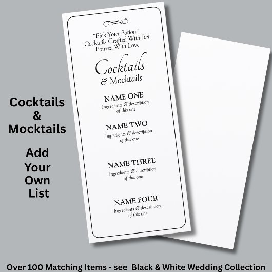 Cocktails Drinks Menu Card - Black White Infinity 
