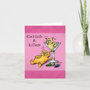Cocktails & Kittens Blank Inside Pink Note Card Kaart