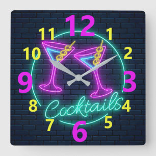 Cocktails Neon Signer Carré Horloge murale