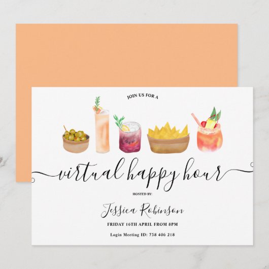 Cocktails snacks aquarel virtueel happy hour kaart (Voorkant / Achterkant)