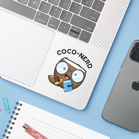 Coco-nerd Funny Fruit Coconut Pun Sticker (Laptop met iPhone)