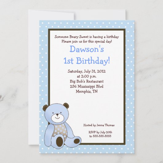 Coco sucre Bleu Ours 5x7 Invitation d'anniversaire (Devant)