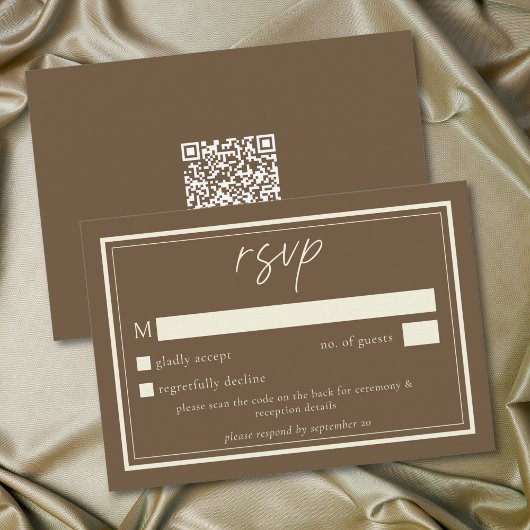 Cocoa Brown Minimalist Frame Wedding QR Code RSVP Kaartje