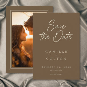 Cocoa Brown Minimalistische Trouwfoto Save The Date