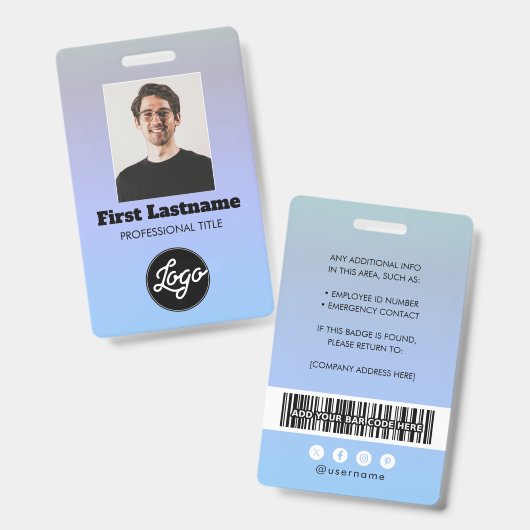 Code-barres photo employé Logo Nom Dégradé Badge (Avant & arrière)