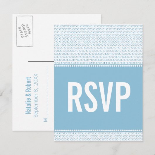 Code binaire chic geek carte postale RSVP, bleu (Devant / Derrière)