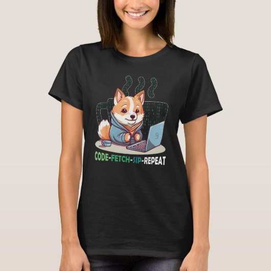 Code Fetch Sip Repeat Coffee Binary Shiba Inu Prog T-shirt (Voorkant)