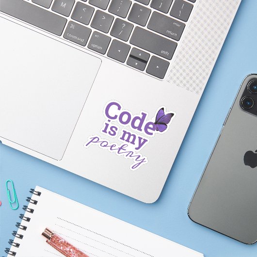 Code is mijn Poetry Programmer Paarse Sticker (Laptop met iPhone)