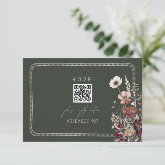 Code QR Anémone Rustique Floral Green Wedding RSVP (Debout devant)
