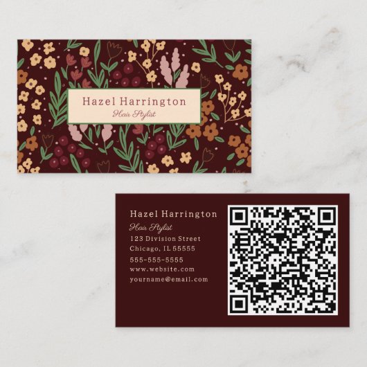 Code QR Carte de visite Floral main tiré Burgandy (Devant / Derrière)