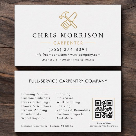 Code QR Carte de Visite Moderne Carreleur Or Blanc