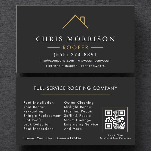 Code QR Carte de Visite Toiturier Moderne Noir Or