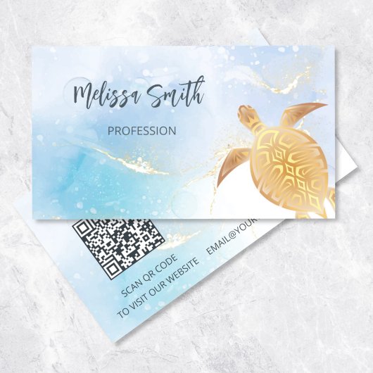 Code QR | Carte de visite Tortue Tribale Or Bleu