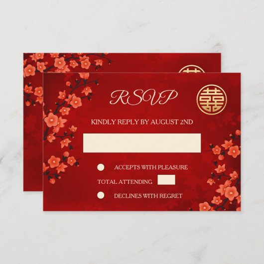 Code QR | Cherry Blossom Red RSVP Mariage chinois (Devant / Derrière)