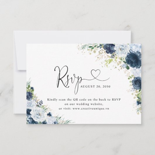 Code QR de réponse de mariage floral Navy Bleu (Devant)